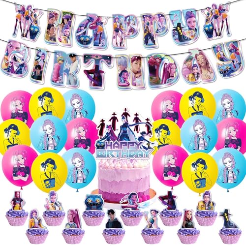 𝙆𝙥𝙤𝙥 𝘿𝙚𝙢𝙤𝙣 𝙃𝙪𝙣𝙩𝙚𝙧𝙨 Geburtstags Deko Huntrix Rumi Mira Zoey Jinu Saja Kuchen Topper Cupcake Toppers Banner Party Dekorationen Festliche Atmosphäre Zubehör für Kinder Fan von Generic