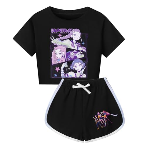 Kpop Demon Hunters Trainingsanzug Für Kinder 2-Teiliges Set Aus T-Shirt Und Hose Sommeroutfit Rumi Mira Zoey Prints Kpop Demon Hunters T-Shirt Kinder Shorts Sportanzug Für Jungen Mädchen von Generic