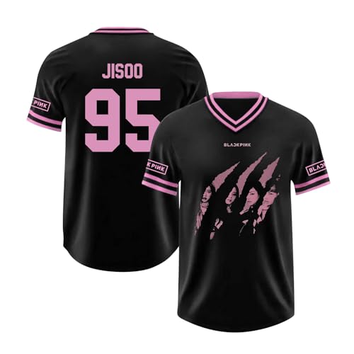 Kpop Lisa Jennie Jisoo Rose Baseball-Trikot mit schwarzem und rosa Aufdruck, Hip-Hop-Baseball-Shirt mit V-Ausschnitt für Musikfans 01-1 S von Generic