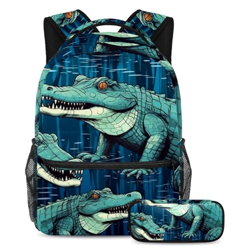 Krokodil-Rucksack mit Federmäppchen, Schulranzen-Set für Jungen, Mädchen, Teenager, Reisebuchtasche für Studenten, Mehrfarbig Nr. 05, B：29.4x20x40cm P：19x7.5x3.8cm, Tagesrucksäcke von Generic