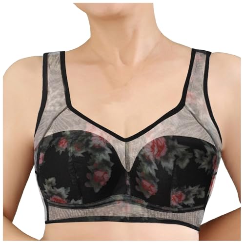 Kühlender Komfort-BH Eisseide Spitze Miracharm-BHS BH zur Haltungskorrektur Senioren bequemer bügelloser Push up Bralette BH ohne Knöpfe ElleBloom Ice Silk Lace Kühlender Komfort-BH (Black, XL) von Generic