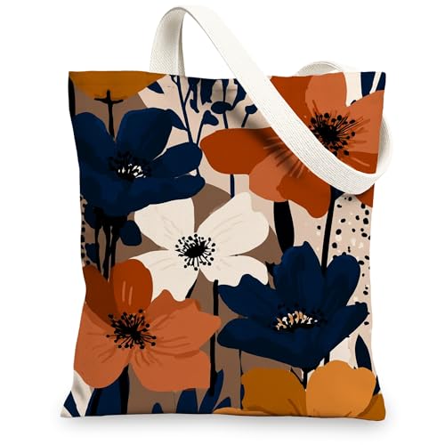 Künstlerische Canvas-Tragetaschen mit Blumenmuster, modern, wiederverwendbar, leicht, waschbar, Schultergurt, Tragetasche für Fitnessstudio, Reisen, Picknick, 33 x 38 cm von Generic