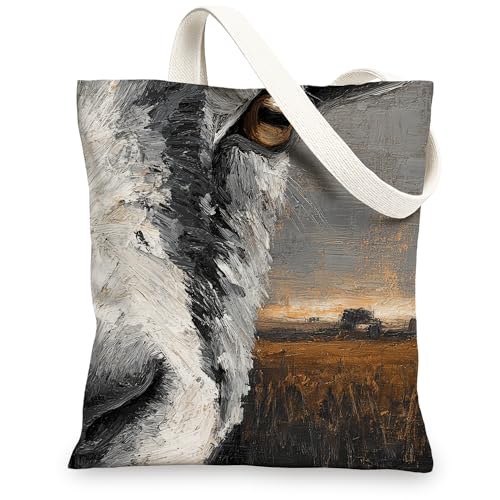 Künstlerische Kuh-Leinentasche, rustikales Bauernhoftier-Design, wiederverwendbar, leicht, waschbar, Schulterriemen, grau, 13x15 Inch von Generic