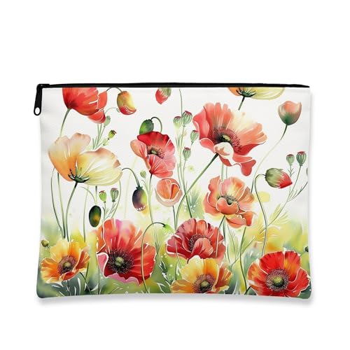 Künstlerische Make-up-Tasche, Blumenmohn-Design, Kosmetiktasche für Damen, tragbar, klein, Segeltuch, Reißverschluss, Frühlingsfest, Geschenk, Kulturbeutel, Rot, 7x9 Inch, Blumen von Generic