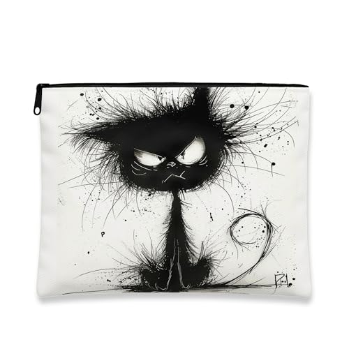 Künstlerische Make-up-Tasche, Katzen-Design, Reise-Kosmetiktasche für Damen, tragbarer Organizer aus Segeltuch mit Reißverschluss, lustiges Geschenk für Festivals, Schwarz, 7x9 Inch, Katze von Generic