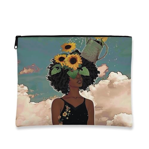 Künstlerische Make-up-Tasche, Sonnenblumen-Blumen-Kosmetiktasche für Damen, tragbar, klein, Segeltuch, Reißverschluss, Geschenk für Frühlingsfestivals, Schwarz, 7x9 Inch, Sonnenblume von Generic