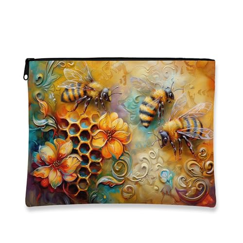 Künstlerische Make-up-Tasche mit Blumenmuster, Bienen und Blumen, lebendige Kosmetiktasche für Frauen, tragbare kleine Canvas-Reißverschluss-Organizer, für Festivals, gelb, 7x9 Inch, Bienen von Generic