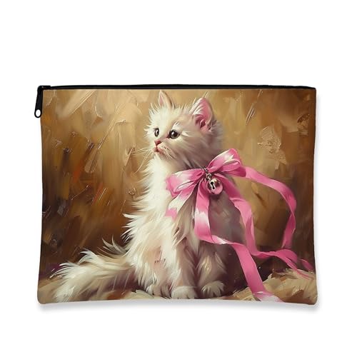 Künstlerische Make-up-Tasche mit Katzen-Motiv, süße Kosmetiktasche für Damen, tragbar, klein, Segeltuch, Reißverschluss, Geschenk für Katzenliebhaber, Weiß, 7x9 Inch, Katze von Generic