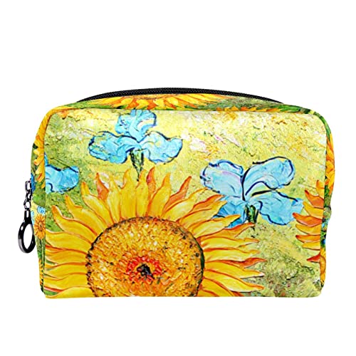 Kulturbeutel, Reise Make up Kosmetiktasche für Damen und Herren,Ölgemälde Sonnenblume Blauer Schmetterling von Generic