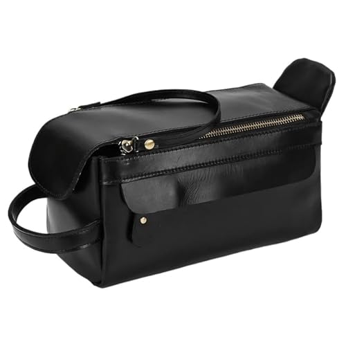 Kulturbeutel Herren Damen Rasierset Tasche Echtleder Dopp Kit Reise Make-Up Kuhleder Kosmetiktasche Clutches(Black) von Generic