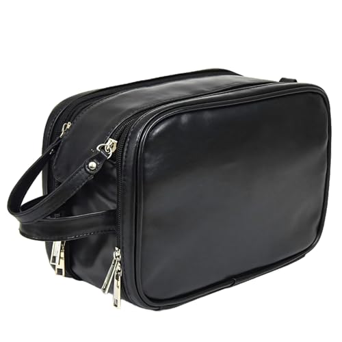 Kulturbeutel aus PU-Leder für Herren, schwarz, Reise-Rasier-Organizer, Doppelreißverschluss, geräumiger Innenraum, schwarz von Generic