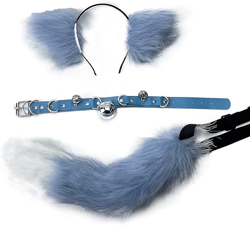 Kunstfell Fuchsohren Schwanz Set Haarspange Haarnadeln Kopfschmuck Kopfbedeckung Pelziger Wolf Katze Halloween Glocke Leder Chocker Cosplay Party (Hellblau) von Generic