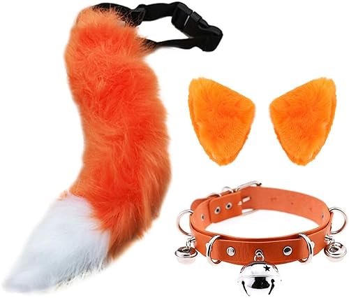 Kunstfell Fuchsohren Schwanz Set Haarspange Haarnadeln Kopfschmuck Kopfbedeckung Pelziger Wolf Katze Halloween Glocke Leder Chocker Cosplay Party (Orange) von Generic