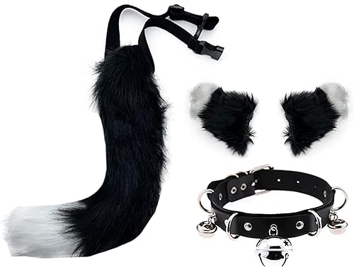 Kunstfell Fuchsohren Schwanz Set Haarspange Haarnadeln Kopfschmuck Kopfbedeckung Pelziger Wolf Katze Halloween Glocke Leder Chocker Cosplay Party (Schwarz Weiß) von Generic