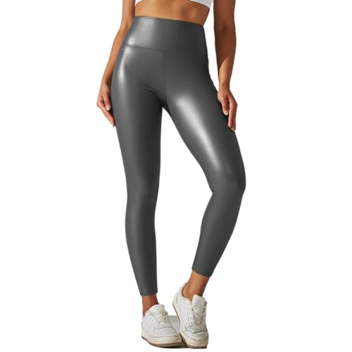 Kunstleder Hose Damen High Waist Leggings mit breitem Bund PU Lederhose Strumpfhosen Sexy Leder Look Kunstleder Leggings (Grau,5XL) von Generic