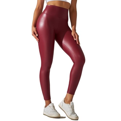 Kunstleder Hose Damen High Waist Leggings mit breitem Bund PU Lederhose Strumpfhosen Sexy Leder Look Kunstleder Leggings (Weinrot,S) von Generic