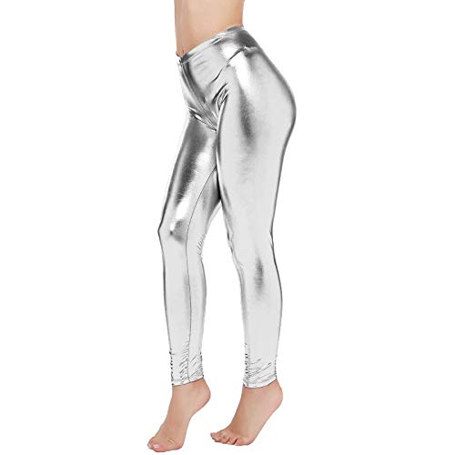 Kunstleder Leggings Damen Metallic Leggings Metallischer Hosen Hoher Taille Sonne Kostüm Space Girl Kostüm 80er Jahre Outfit für Ballett Tanz Metallic Leggings Frauen Karneval Party (Silver, M) von Generic