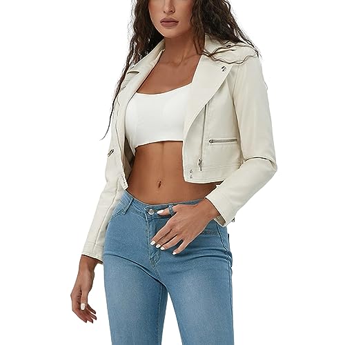 Kunstlederjacke Damen Schwarz Lederjacke Weiss Motorrad Jacke Kurz Leitch Ubergangsjacke Langarm Bikerjacke mit Reißverschluss Umlegekragen Kurzjacke Elegant Geschnittene Boyfriend Mantel (Beige, XS) von Generic