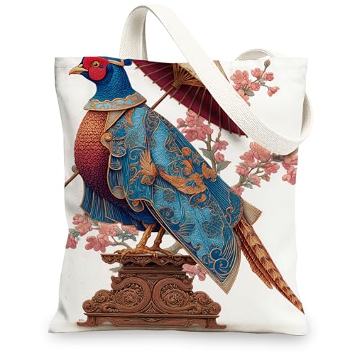 Kunstleinentaschen, Vintage-Blumenmuster, Vögel, wiederverwendbar, elegant, leicht, waschbar, Schulterriemen, blau, 13x15 Inch von Generic