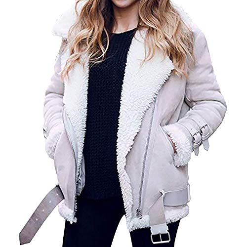 Kunstpelz Mantel Damen Lederjacke Damen Warm Winterjacke Mit Teddyfutter Revers Bomberjacke,Wildlederjacke Dicke Biker Motor ReißVerschluss Outwear (Grau, M) von Generic