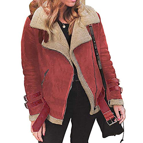 Kunstpelz Mantel Damen Lederjacke Damen Warm Winterjacke Mit Teddyfutter Revers Bomberjacke,Wildlederjacke Dicke Biker Motor ReißVerschluss Outwear (Rot, L) von Generic