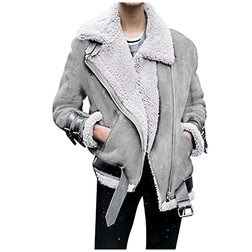 Kunstpelz Mantel Damen Lederjacke Damen Warm Winterjacke Mit Teddyfutter Revers Bomberjacke,Wildlederjacke Dicke Biker Motor ReißVerschluss Outwear von Generic