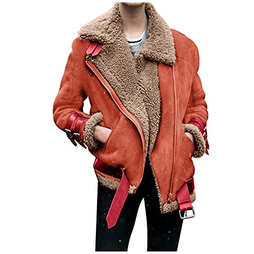 Kunstpelz Mantel Damen Lederjacke Damen Warm Winterjacke Mit Teddyfutter Revers Bomberjacke,Wildlederjacke Dicke Biker Motor ReißVerschluss Outwear von Generic