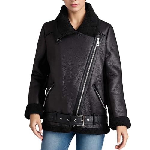 Kunstpelz Mantel Damen Lederjacke Damen Warm Winterjacke Mit Teddyfutter Revers Bomberjacke,Wildlederjacke Dicke Biker Motor ReißVerschluss Outwear von Generic