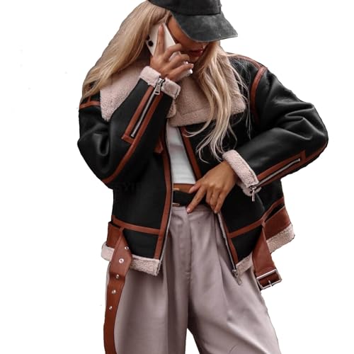 Kunstpelz Mantel Damen Lederjacke Damen Warm Winterjacke Mit Teddyfutter Revers Bomberjacke,Wildlederjacke Dicke Biker Motor ReißVerschluss Outwear von Generic