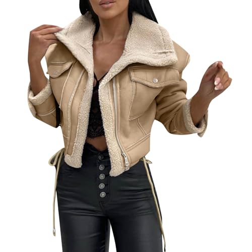 Kunstpelz Mantel Damen Lederjacke Damen Warm Winterjacke Mit Teddyfutter Revers Bomberjacke,Wildlederjacke Dicke Biker Motor ReißVerschluss Outwear von Generic