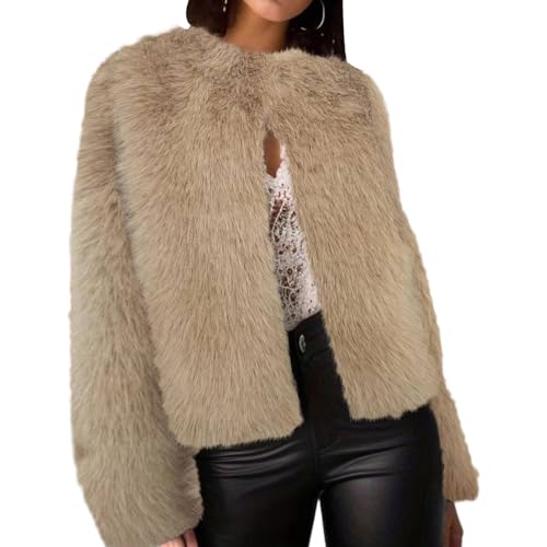 Kunstpelzjacke Damen Winter Fleece Cropped Open Front Cardigan Mantel Sherpa Jacke Shaggy Warme Oberbekleidung mit Taschen von Generic