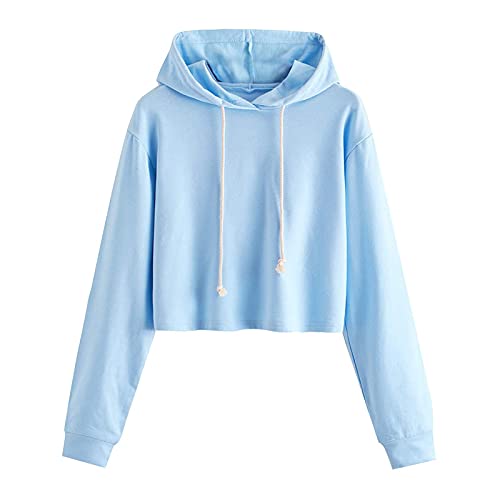 Kurz Damen Hoodie Mädchen Kapuzenpulli Bauchfrei Pullover Kurz Sport Crop Tops Sweatshirt Sweatjacke Damen Bauchfrei Kapuzenpullover Kurz Hoodie Crop Pullover Kapuzenjacke Cropped Jacke mit (Blue, L) von Generic