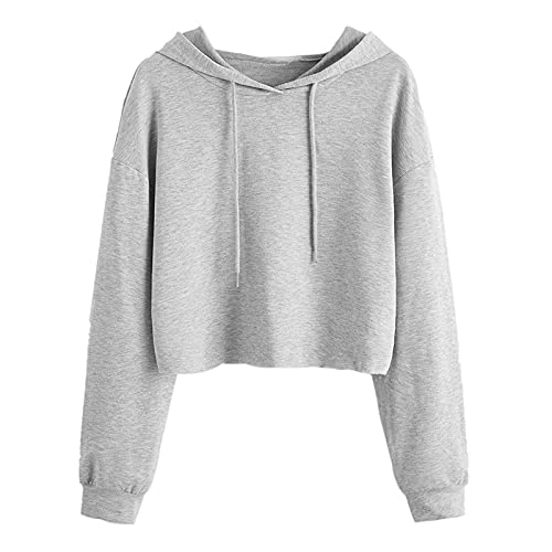 Kurz Damen Hoodie Mädchen Kapuzenpulli Bauchfrei Pullover Kurz Sport Crop Tops Sweatshirt Sweatjacke Damen Bauchfrei Kapuzenpullover Kurz Hoodie Crop Pullover Kapuzenjacke Cropped Jacke mit (Grey, M) von Generic