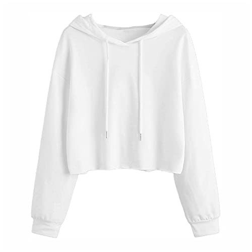 Kurz Damen Hoodie Mädchen Kapuzenpulli Bauchfrei Pullover Kurz Sport Crop Tops Sweatshirt Sweatjacke Damen Bauchfrei Kapuzenpullover Kurz Hoodie Crop Pullover Kapuzenjacke Cropped Jacke mit (White, L) von Generic