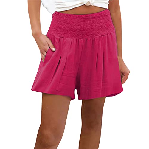 Kurz Hose Damen Sommer Casual Kurze Hosen Tunnelzug Elastische Stoffhose Hotpants Strand Shorts Elegant Einfarbig Shorts mit Taschen Breites Bein lose beiläufige Hosen(B Pink,3XL) von Generic