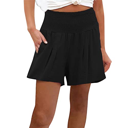 Kurz Hose Damen Sommer Casual Kurze Hosen Tunnelzug Elastische Stoffhose Hotpants Strand Shorts Elegant Einfarbig Shorts mit Taschen Breites Bein lose beiläufige Hosen(B Schwarz,L) von Generic