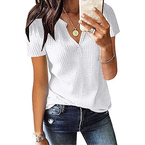 Kurzarm Bluse Damen Elegant V-Ausschnitte Oberteile Leichtes Lose Sommershirts Einfarbig Damenblusen Waffel Strick Hemdbluse Top T-Shirt Tunika von Generic