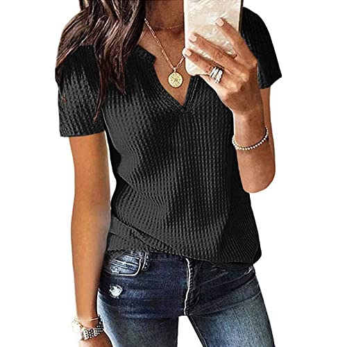 Kurzarm Bluse Damen Elegant V-Ausschnitte Oberteile Leichtes Lose Sommershirts Einfarbig Damenblusen Waffel Strick Hemdbluse Top T-Shirt Tunika von Generic