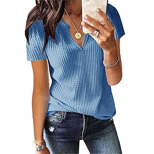 Kurzarm Bluse Damen Elegant V-Ausschnitte Oberteile Leichtes Lose Sommershirts Einfarbig Damenblusen Waffel Strick Hemdbluse Top T-Shirt Tunika von Generic