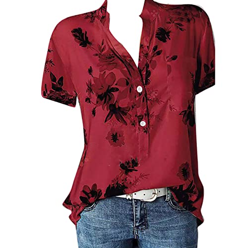 Kurzarm Bluse Damen Elegant V-Ausschnitte Oberteile Leichtes Lose Sommershirts Einfarbig Damenblusen Waffel Strick Hemdbluse Top T-Shirt Tunika von Generic