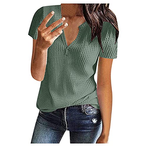 Kurzarm Bluse Damen Elegant V-Ausschnitte Oberteile Leichtes Lose Sommershirts Einfarbig Damenblusen Waffel Strick Hemdbluse Top T-Shirt Tunika von Generic