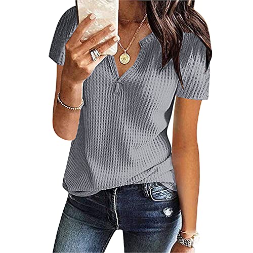 Kurzarm Bluse Damen Elegant V-Ausschnitte Oberteile Leichtes Lose Sommershirts Einfarbig Damenblusen Waffel Strick Hemdbluse Top T-Shirt Tunika von Generic