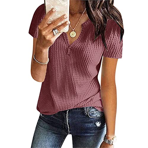 Kurzarm Bluse Damen Elegant V-Ausschnitte Oberteile Leichtes Lose Sommershirts Einfarbig Damenblusen Waffel Strick Hemdbluse Top T-Shirt Tunika von Generic