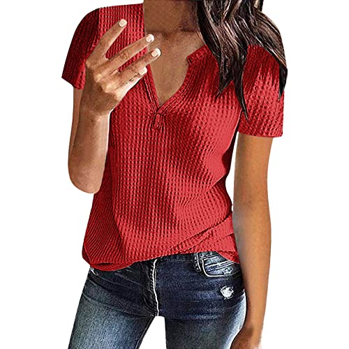 Kurzarm Bluse Damen Elegant V-Ausschnitte Oberteile Leichtes Lose Sommershirts Einfarbig Damenblusen Waffel Strick Hemdbluse Top T-Shirt Tunika von Generic