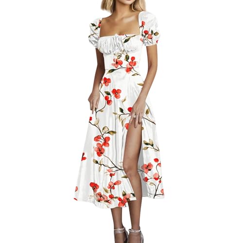 Kurzarm Kleider Damen, Sommerkleid Lang Elegant Blumen Kleid mit Schlitz Hohe Taille Geblümt Kleider Puff Ärmel Quadratischer Ausschnitt Strandkleid Luftig A Linie für Urlaub L C White von Generic