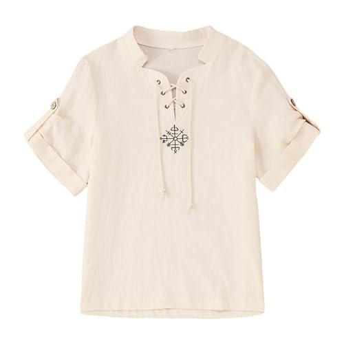 Kurzarm Ritterhemd Piraten Hemd Jungen Wikinger Bluse Shirts mit Schnürung Kinder Vintage Wikinger Hemden Piraten Hemdbluse Sommer Hemdbluse Mittelalterhemd Ritter Shirt Schnürhemd (White, 8-10 Years) von Generic