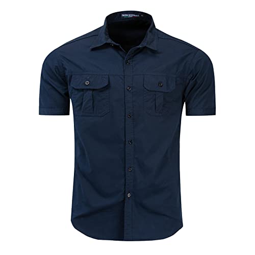 Kurzarmhemd Herren Hemd im Military Stil Outdoor Shirt Reine Baumwolle Einfarbig Freizeithemd Sommer Sport Sommerhemden Oberteil Hemd(Blau,XL) von Generic