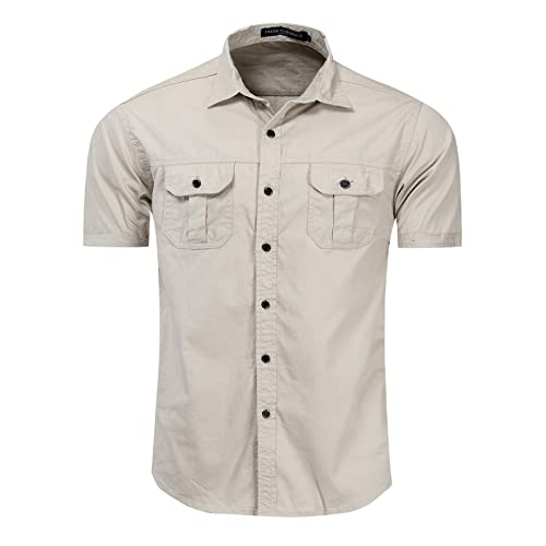 Kurzarmhemd Herren Hemd im Military Stil Outdoor Shirt Reine Baumwolle Einfarbig Freizeithemd Sommer Sport Sommerhemden Oberteil Hemd(Khaki,XL) von Generic
