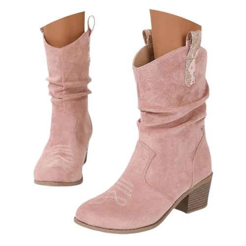 Kurze Cowboy Stiefel für Frauen,Trachten Elegant Wildleder Halbstiefel Spitz Schlupfschuhe Mittelalter Stiefel Slouchy Ruched Leder Solid Color Komfortable Casual Atmungsaktive Westernstiefel von Generic