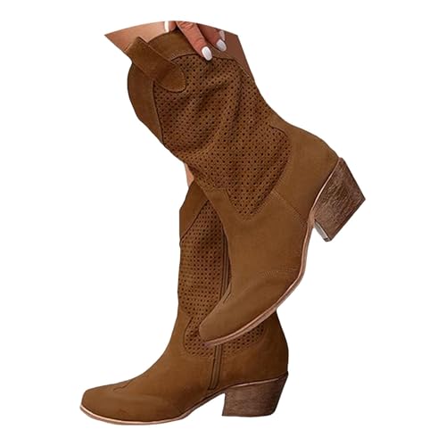 Kurze Cowboy Stiefel für Frauen,Trachten Elegant Wildleder Halbstiefel Spitz Schlupfschuhe Mittelalter Stiefel Slouchy Ruched Leder Solid Color Komfortable Casual Atmungsaktive Westernstiefel von Generic